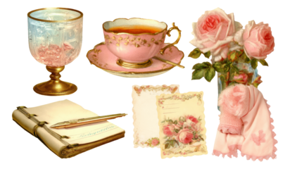 Elegant Vintage Collection of Cup, Flowers, Notes, and Decorative Objects