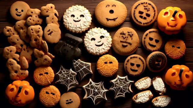 A collection of Halloweenthemed cookies on a wooden surface. The cookies are intricately designed with various patterns and symbols, such as spider webs, ghosts, and pumpkins.