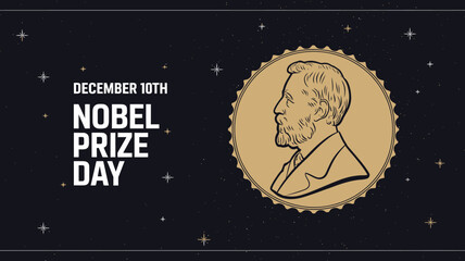 Naklejka premium Nobel prize day text with portrait and date on a dark textured background with stars, commemorating december 10th