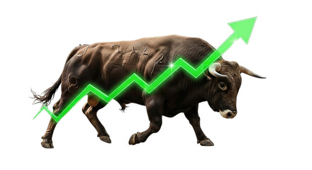 Powerful bull symbolizing financial growth and bull market trends with upward trending green arrow isolated on transparent background