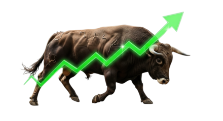 Powerful bull symbolizing financial growth and bull market trends with upward trending green arrow isolated on transparent background