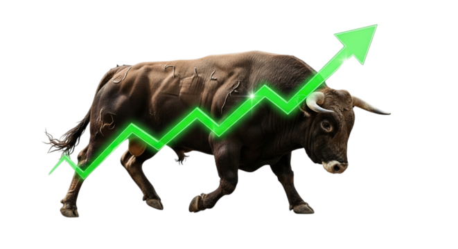 Powerful bull symbolizing financial growth and bull market trends with upward trending green arrow isolated on transparent background