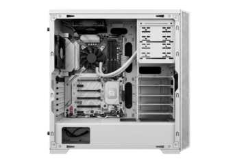 Computer components inside of a clean white modern case system