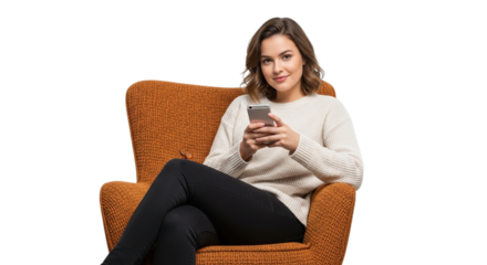 Young woman sitting in a wicker armchair holding her mobile phone isolated on transparent background