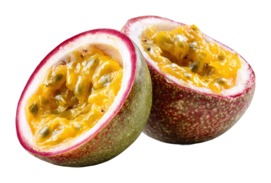 Fresh passion fruit cut for tasting a bright healthy snack isolated on transparent background