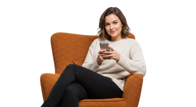 Young woman sitting in a wicker armchair holding her mobile phone isolated on transparent background - Powered by Adobe