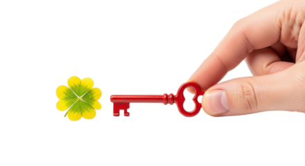 Hand holding a red key unlocking a bright green four leaf clover isolated on transparent background