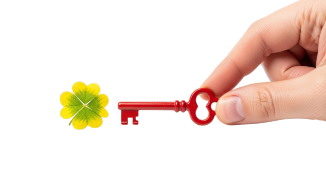 Hand holding a red key unlocking a bright green four leaf clover isolated on transparent background