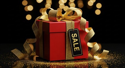 Stunning red gift box with gold ribbon and sale tag, perfect for holiday promotions and special offers, creating excitement and value.