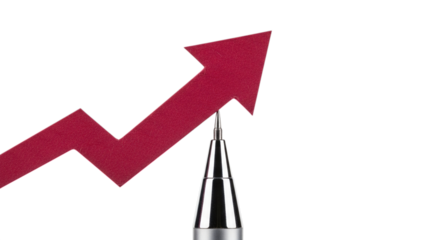 A red upward trending arrow is being drawn by a silver mechanical pencil isolated on transparent background