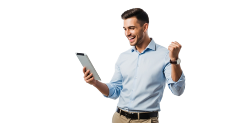 Excited businessman celebrating success while holding a tablet isolated on transparent background