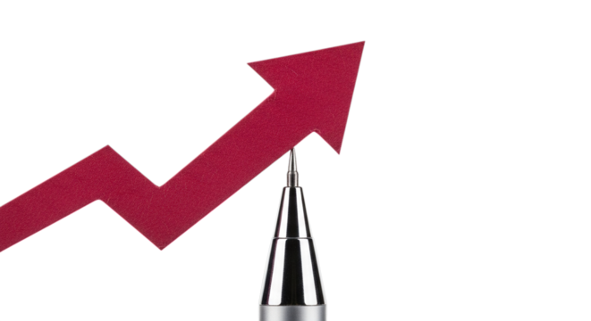 A red upward trending arrow is being drawn by a silver mechanical pencil isolated on transparent background