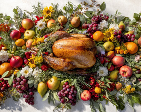 Thanksgiving Family Retro Concept, Colorful thanks giving memorial table with roasted turkey surrounded by fresh seasonal retro family feast decor