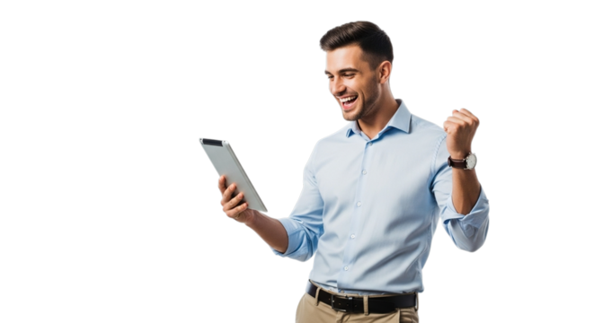 Excited businessman celebrating success while holding a tablet isolated on transparent background