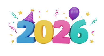 Colorful 3d numbers representing the year 2026 with party decorations isolated on transparent background
