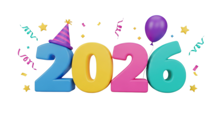Colorful 3d numbers representing the year 2026 with party decorations isolated on transparent background