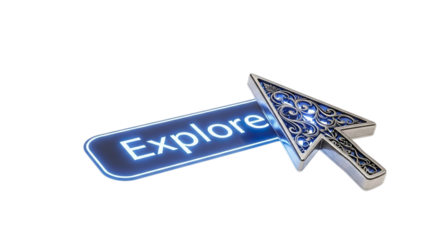 Glowing blue explore button with ornate silver cursor pointer isolated on transparent background