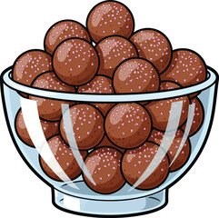 A clear glass bowl overflowing with round speckled brown chocolate candy balls in a cartoon illustration style.