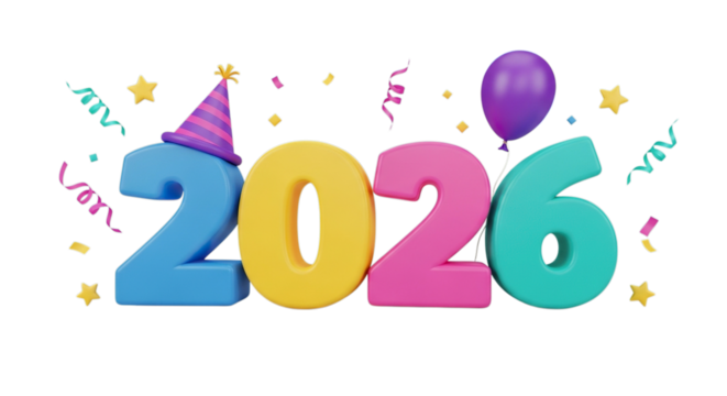 Colorful 3d numbers representing the year 2026 with party decorations isolated on transparent background