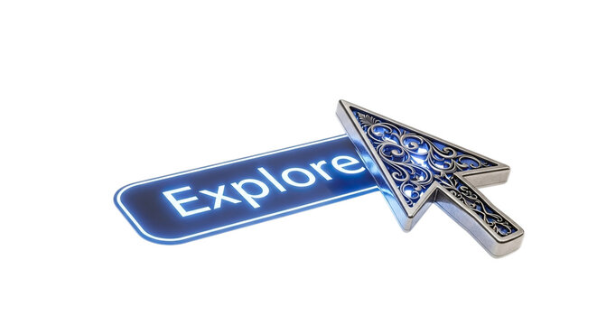 Glowing blue explore button with ornate silver cursor pointer isolated on transparent background