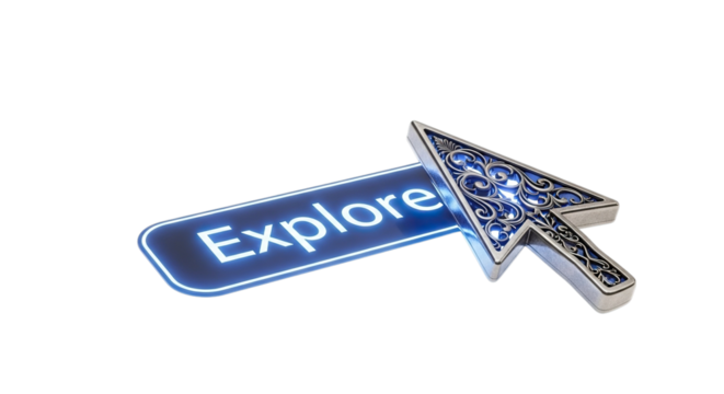 Glowing blue explore button with ornate silver cursor pointer isolated on transparent background