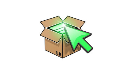 Green cursor arrow interacting with open cardboard box icon isolated on transparent background