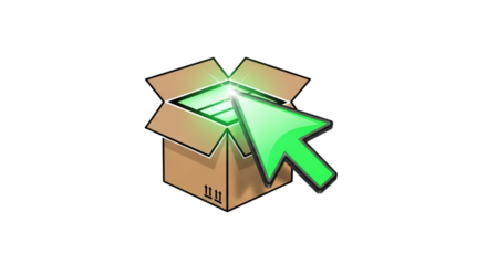 Green cursor arrow interacting with open cardboard box icon isolated on transparent background