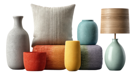 Modern Home Decor Elements with Colorful Accessories on Isolated Background