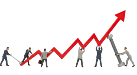 Tiny business people collaborate to build a rising red arrow graph symbolizing growth and success isolated on transparent background