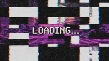 Retro digital landscape with loading text and sunset