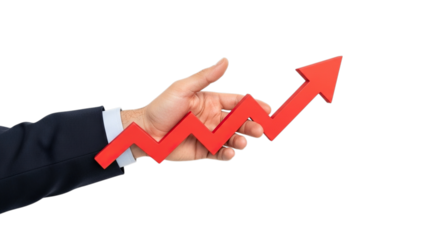 Hand in suit holding red zigzag arrow graph showing upward trend isolated on transparent background