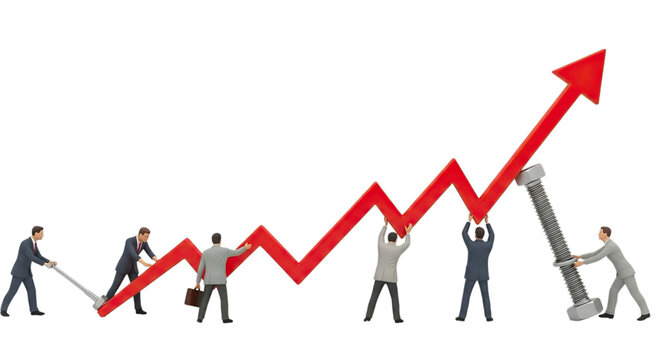 Tiny business people collaborate to build a rising red arrow graph symbolizing growth and success isolated on transparent background