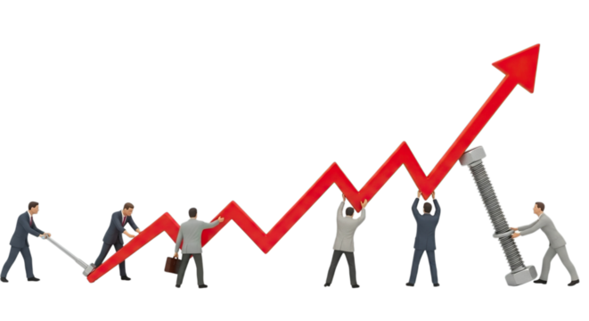 Tiny business people collaborate to build a rising red arrow graph symbolizing growth and success isolated on transparent background - Powered by Adobe