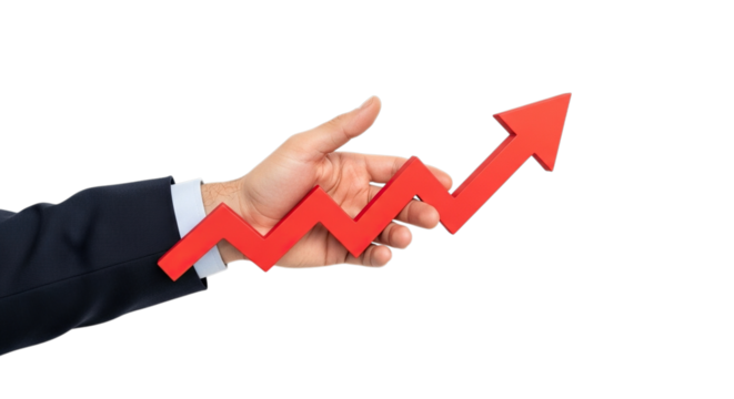 Hand in suit holding red zigzag arrow graph showing upward trend isolated on transparent background