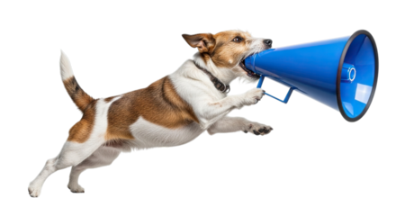 Energetic jack russell terrier dog leaping and barking into a blue megaphone isolated on transparent background