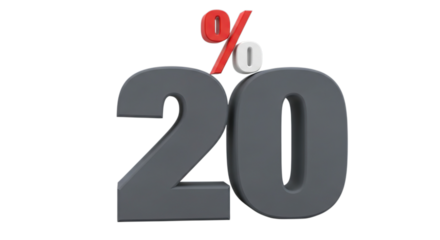 Bold 3d gray number twenty with a red and white percentage symbol isolated on transparent background