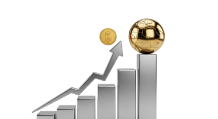 Golden egg symbolizing wealth growth and financial success on a rising bar chart isolated on transparent background