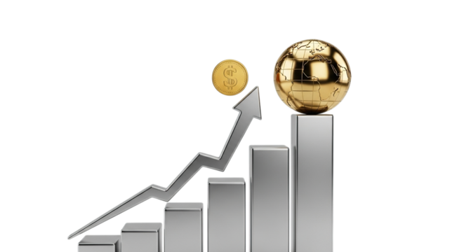 Golden egg symbolizing wealth growth and financial success on a rising bar chart isolated on transparent background