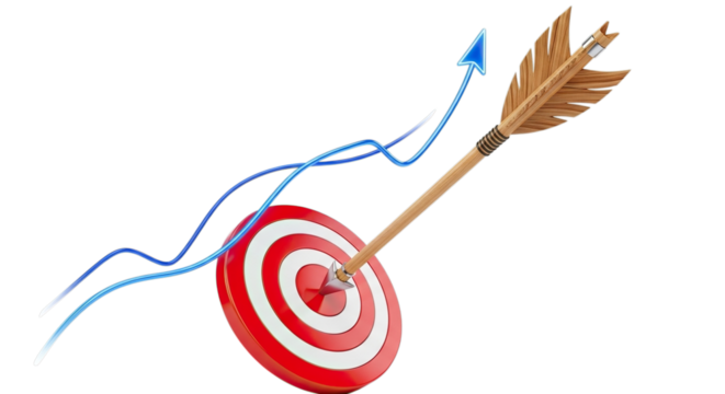 Wooden arrow piercing red and white target with blue growth chart lines isolated on transparent background