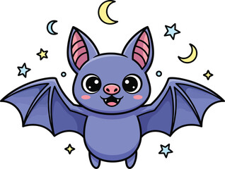 A cute purple cartoon bat character flying with wide open wings and a happy smiling face.