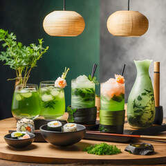 A arranged Japanese-inspired table setting featuring green drinks with herbs and ice, sushi rolls in small bowls, a green decorative carafe, chopsticks, fresh greens, and warm hanging lanterns.