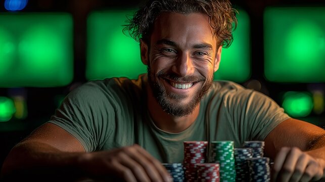 Smiling man winning poker chips in casino