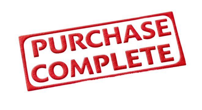 Red embossed rubber stamp graphic indicating purchase complete isolated on transparent background