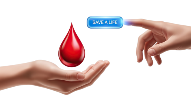 Human hands offering and receiving a vivid red blood drop with a glucose meter isolated on transparent background