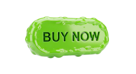 Shiny green buy now button with water droplets isolated on transparent background