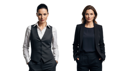Two professional women standing confidently side by side in business attire isolated on transparent background