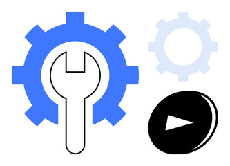 Gear and wrench symbolizing tools and maintenance, a lighter cogwheel indicating process, and a nearby play button denoting function activation. Ideal for technology, mechanics, automation, process
