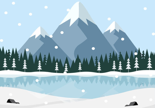 Paisaje invernal con monta&ntilde;as nevadas, bosque de pinos y lago helado