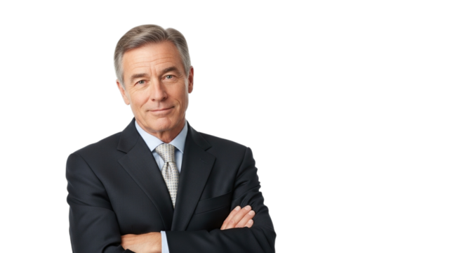 Confident mature business professional man in suit with arms crossed isolated on transparent background