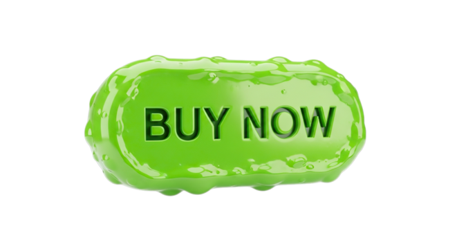 Shiny green buy now button with water droplets isolated on transparent background - Powered by Adobe